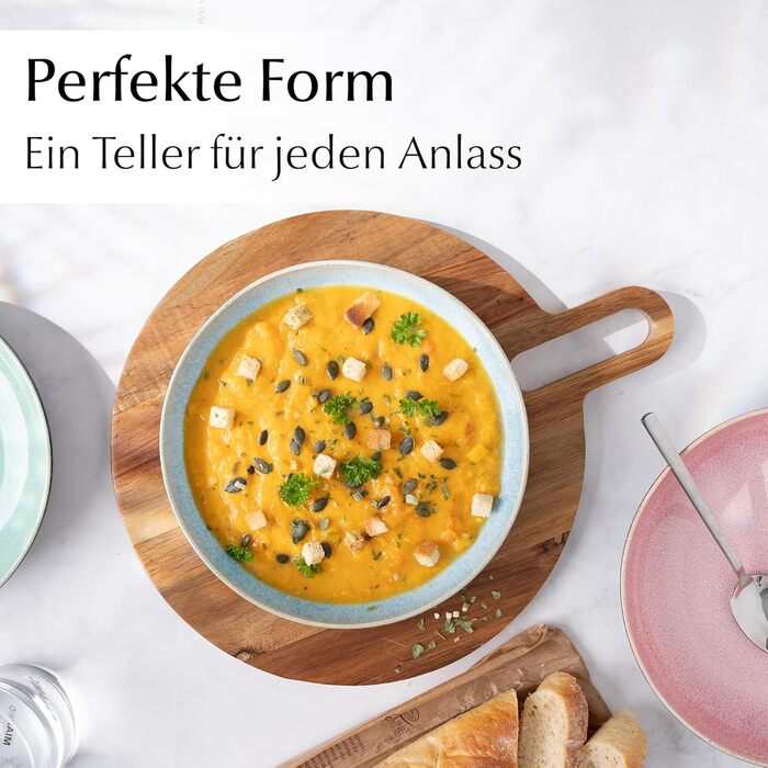 Набір посуду Miamio Las Palmitas (24 предмети) для 6 осіб: тарілки, чашки, супові тарілки, миски для каші/пасти. Можна мити в посудомийній машині, використовувати в мікрохвильовій печі та духовці.