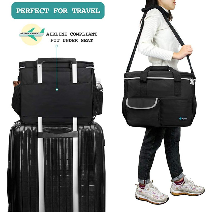 Сумка-органайзер для собак PetAmi: дорожня сумка для корму та аксесуарів, ідеальна для кемпінгу та подорожей. Чорна, середнього розміру (14.5 x 8 x 12 см).