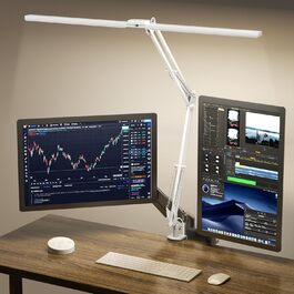 SKYLEO LED Desk Lamp with Dual Heads, Remote Control, Clamp-On, 2400 Lumens, 24W, 5 Color Temperature Modes, Timer & Memory, Easy Installation - For Office, Reading, 76cm Lamp Length with Clamp
