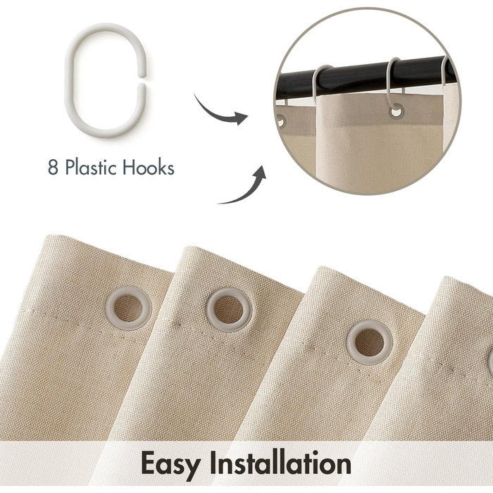 Шторка для душу MIULEE з льону, 120x200 см, світло-бежева, важка, поліестер, водонепроникна, з антигрибковим покриттям, для ванної кімнати, з 8 кільцями