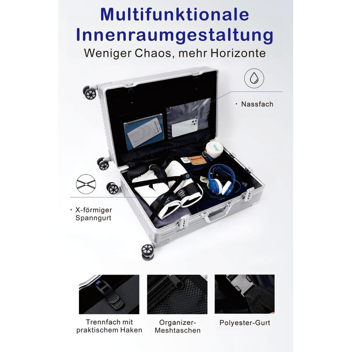 Чемодан ручної об'єм 55 см з алюмінієвим каркасом та полікарбонатом Yuweijie, 35L, 4 колеса, TSA-замок, срібний