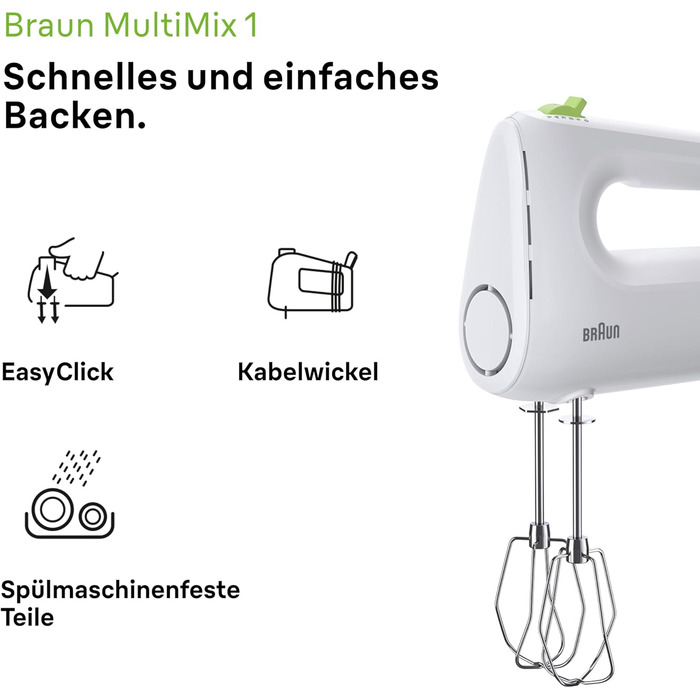 Braun Household MultiMix 1 HM 1110 WH Hand Mixer - Handheld Mixer with 4 speed settings plus Turbo, FastMix Technology, EasyClick, including whisk and dough hooks, one-hand operation, 450W, White White MultiMix 1 - including whisk & dough hooks