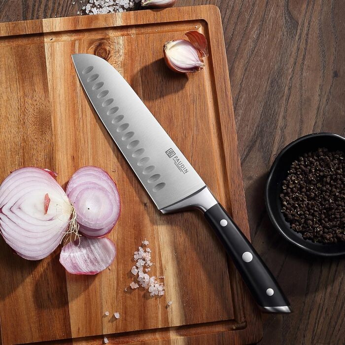 Кухонний ніж Santoku PAUDIN 17 см, професійний, японський стиль, з німецької високовуглецевої сталі, надгострий, довговічний, ергономічна ручка