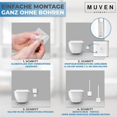 Силіконова щітка для унітазу MUVEN® з плоскою та гнучкою насадкою, швидковисихаючий тримач та гумові виступи - щітка для унітазу на стіну без свердління (білий, матовий)