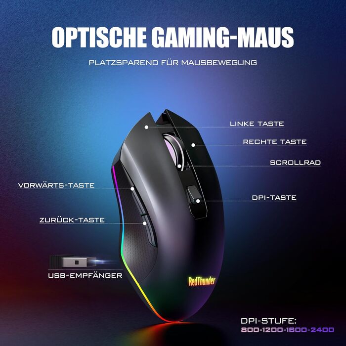 Бездротовий комплект клавіатури та миші RedThunder 75% QWERTZ RGB з підсвічуванням, для ПК Xbox PS5, чорний. Підтримка мультимедійних функцій та оптичний сенсор 7D.