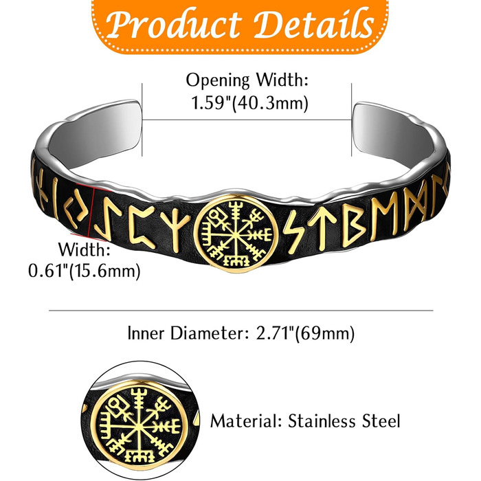 Чоловічий браслет JewelryWe з нержавіючої сталі з вовком, плетіння, стиль вікінг/байкер, відкритий браслет, срібло/золото/чорний, еластичний, Vegvisir