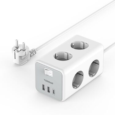 Мережевий фільтр TESSAN 6-fach з USB-C, 9 в 1 з вимикачем, 2 метри кабелю для дому та офісу