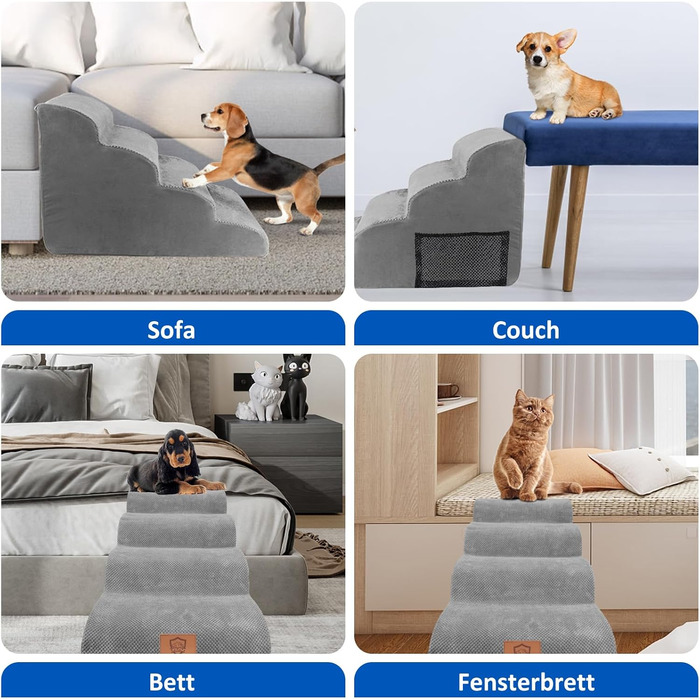 Dog stairs, dog stairs 50cm high, pet stairs 4 steps, removable non-slip foam dog ramp, dog stairs for small dogs and cats, washable cat stairs