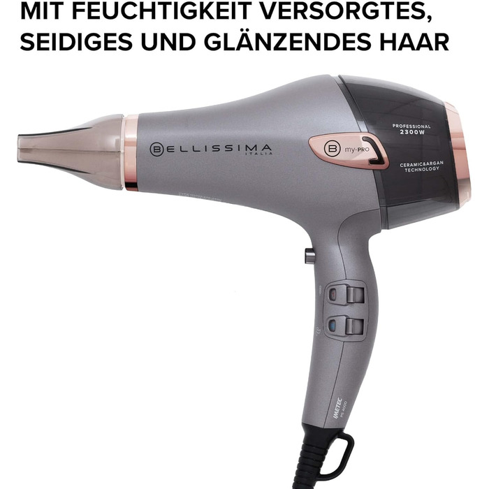 Професійний фен Bellissima Ceramic&Argan Oil з керамічним покриттям та олією аргану, 2300 Вт, іонізація, холодний обдув, 3 режими, 2 насадки, дифузор