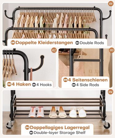 Стійка для одягу Yorbay на колесах: металева, 2 перекладини, 4 гачки, 2 полиці для зберігання, до 120 кг, 112 см (ширина)