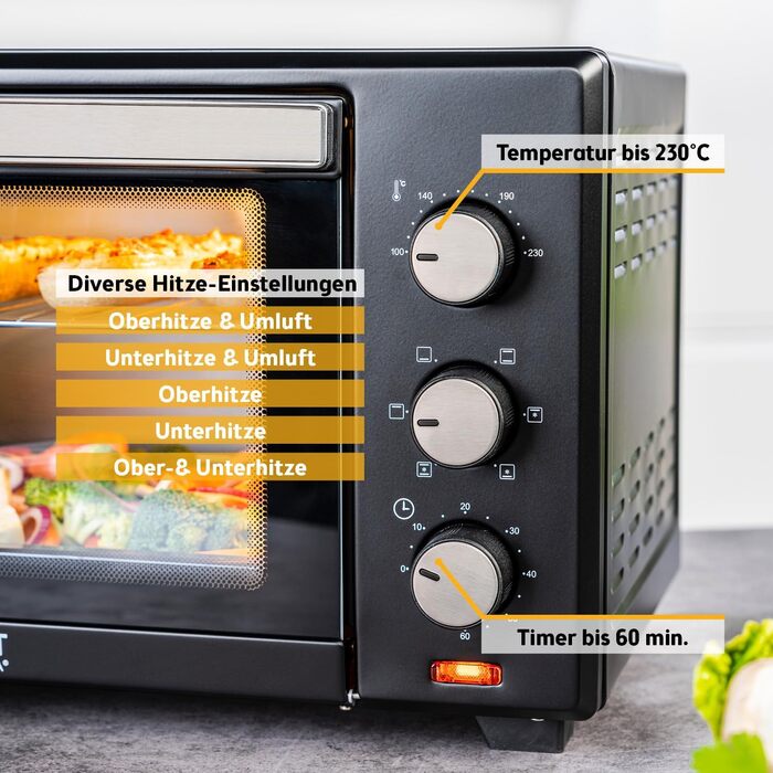 Міні-піч TZS First Austria 30L з регулюванням температури до 230°C, таймером 60 хв, 3 рівнями та решіткою для гриля - для невеликих кухонь та кемпінгу