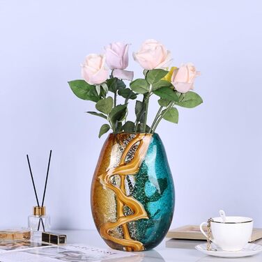 PlivBloom Blue-Green Glass Heads - Hand Blown Murano Glass Flower Vase Decor for Bookshelf & Living Room