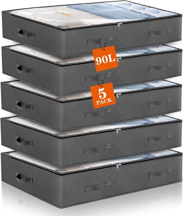 5 штук комода під ліжко Withosent 90л, коробки для зберігання під ліжко з флісу, складні сумки для зберігання одягу, постільної білизни, ковдр, подушок, 5 шт./90л