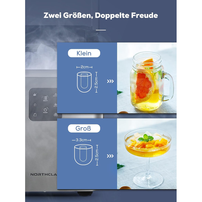 NORTHCLAN Stainless Steel Ice Maker - 14kg Capacity, 2 Sizes, Self-Cleaning, Fast Ice Production, LED Display, 2L Tank, Includes Scoop & Basket