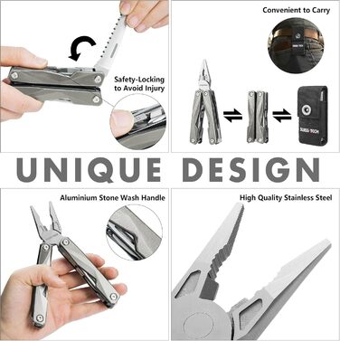 Мультитул Swiss+Tech 16-в-1: мультиінструмент з нержавіючої сталі з ножем, пилкою, ножицями, відкривачкою для пляшок, для кемпінгу, відпочинку на природі, ремонту, з чохлом, вінтажний зелений (ретро-сірий)