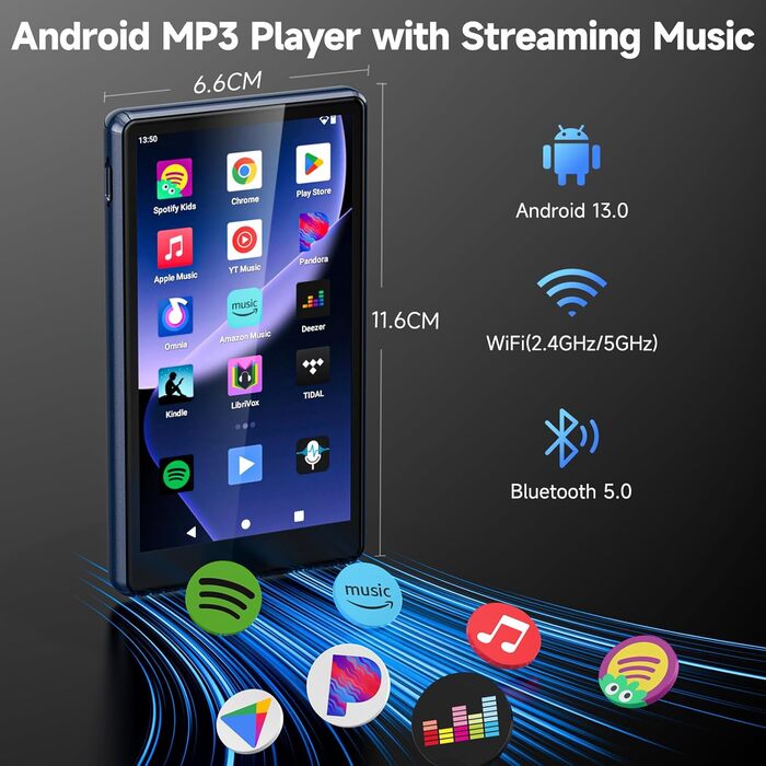 MP3 плеєр 163GB з WiFi, Bluetooth, Android 13, Spotify, FM радіо, сенсорний екран 4.5