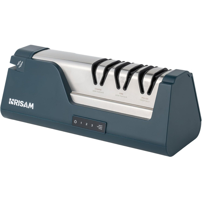 Електричний точило для ножів Messerschärfer – 2-ступенева система шліфування, для кухонних та керамічних ножів, з кутозапобіжником, професійний (Білий/Синій)