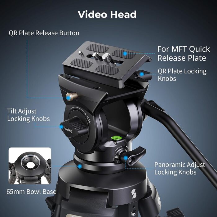 SMALLRIG штатив відео 158 см з fluid-головкою 360°, легкий штатив для камери з алюмінієвого сплаву, QR-плата, підйомний трос, для DSLR, відеокамер, 5 кг, AD-50Lite - 4684