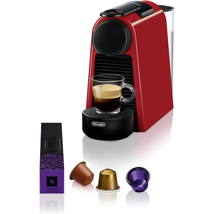 Кавова машина капсульна Nespresso De'Longhi Essenza Mini EN 85.R, 19 бар, 0,6 л, набір з 7 капсул, червона, без спінювача молока