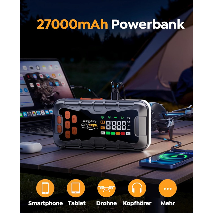 Пауербанк для авто 27000mAh 7000A з компресором 160PSI, пусковий пристрій для бенз./диз. (до 12.0L), ліхтарик, молоток-розбивач скла, набір інструментів