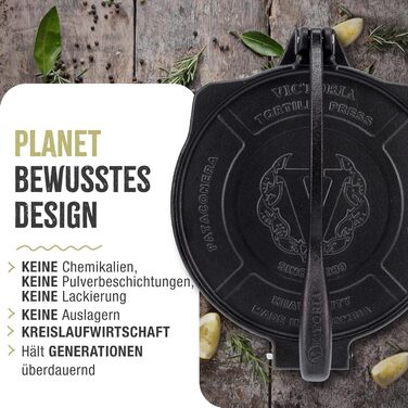 Пресс для тортилій Victoria, чавун HD, 20 см - для мексиканських тортилій, тако, арепа, кесадилья, емпанада, патаконе