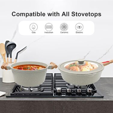 Набір посуду AIKENBBKK 10 предметів: сковороди з кришкою 20, 24, 28 см, каструля з ручкою 18 см + пароварка, каструля 4.7 л, антипригарне покриття, знімний ручка (білий)