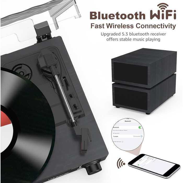 Вініловий програвач Udreamer з Bluetooth 5.3 та динаміками (Чорний)