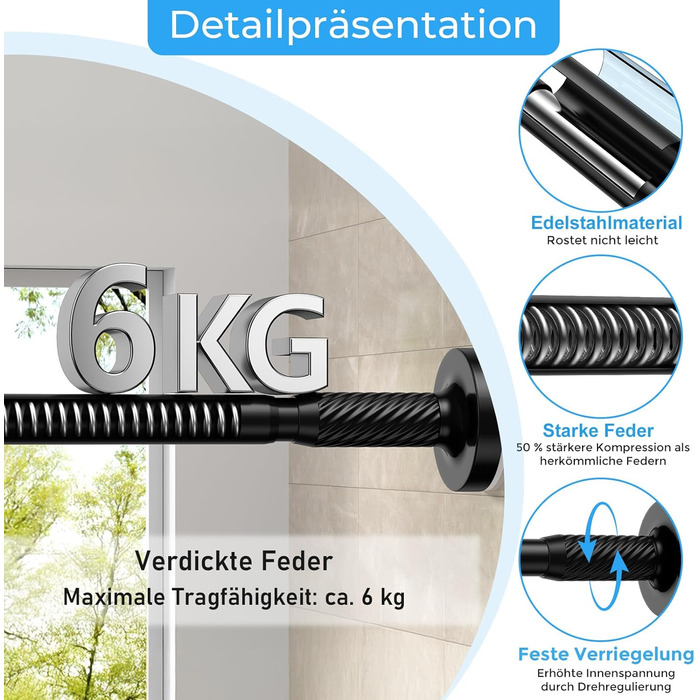 Штанга для штор без свердління AIZESI 100-230 см, Ø 25 мм, телескопічна - для вікон, душу, балкону (чорний)