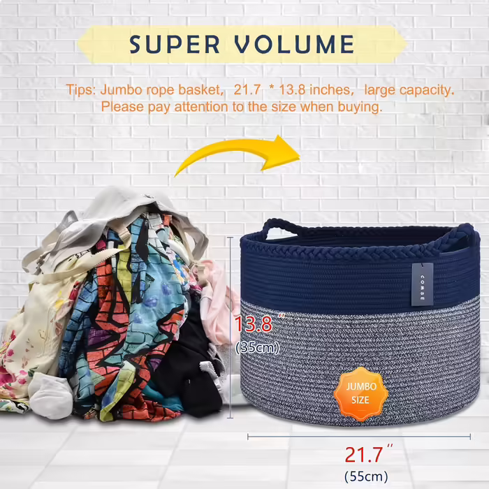 COMSE Extra Large Ceiling Basket, Woven Laundry Basket, 55 x 35 cm, Kids' Room, Cotton Rope, Laundry Basket, Living Room, for Storing Toys, Clothes, Towels, Black/Gray (Navy Blue)