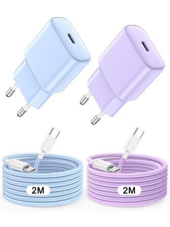 Зарядний пристрій 20W USB-C для iPhone 17/16/15, 2 шт. + Кабель USB-C 2м, PD3.0, блакитний+ліловий