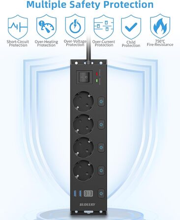 Мережевий фільтр Steckdoseleiste з індивідуальним керуванням, 5 розеток, настінний монтаж, захист від перенапруги 1050 Дж, для дому та офісу, кабель 2 м (4 розетки з USB, чорний)