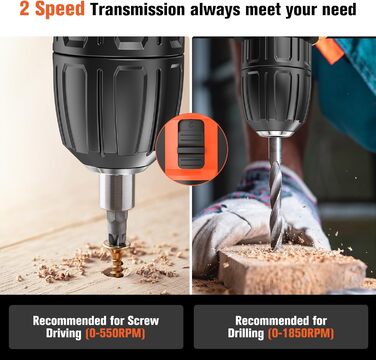 Акумуляторний шуруповерт AKZWOXRO 21V з 2 акумуляторами 2.0Ah, 42Nm, 2 швидкості, 25+3 ступені крутного моменту, патрон 10мм, LED, 30шт аксесуарів для дому та саду, помаранчевий колір