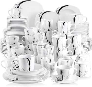 VEWEET FIONA 100-Piece Dinnerware Set, 12 Place Settings, Porcelain Dinnerware Set consisting of dinner plates, dessert plates, soup plates, cereal bowls, coffee cups, coffee mug set, egg cups, milk and sugar set