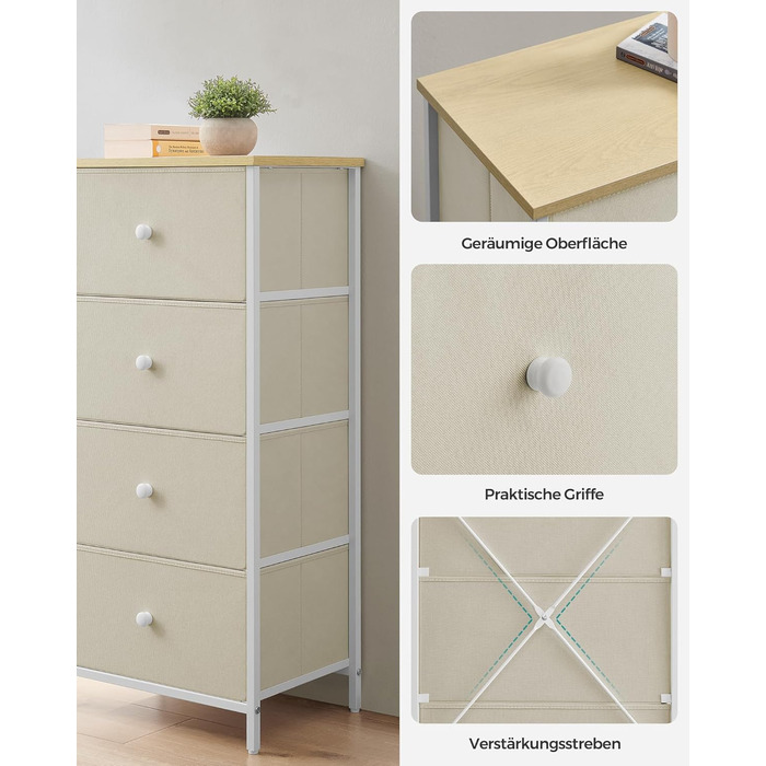 SONGMICS Chest of Drawers, Storage Cabinet with 4 Fabric Drawers, Metal Frame, Tall and Narrow, White-Oak Finish LTS314W57 (Camel Yellow + Cream White, 30W x 45D x 91.7H cm (4 Drawers))