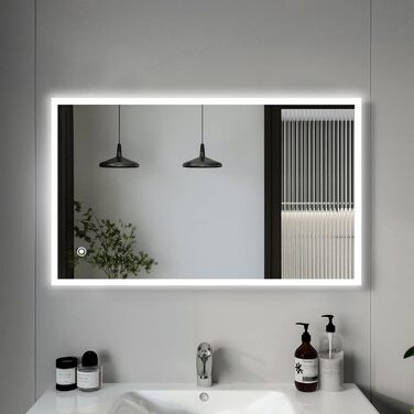 Дзеркало для ванної кімнати з підсвічуванням 70x50 см | LED дзеркало | IP54 вологостійке | Сенсорне управління | Настінне дзеркало | Горизонтальна/Вертикальна установка 6500K холодне біле світло