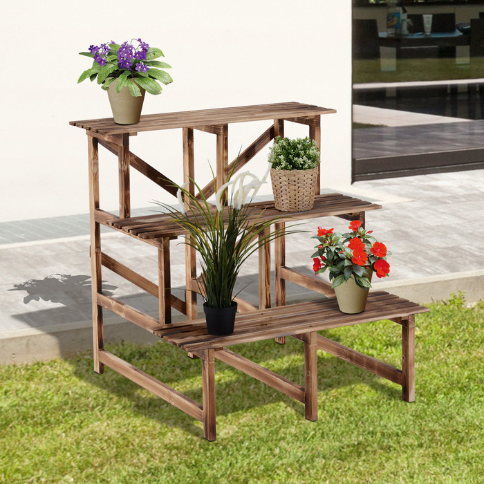 Outsunny Plant Ladder Flower Shelf 3-Tier Pine Wood 80 x 80 x 78cm for Garden Balcony & Terrace