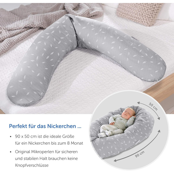 Theraline Original Nursing Pillow & Pregnancy Pillow - 190cm including 100% cotton cover - Filling with quiet micro beads - Positioning pillow, tested for harmful substances - Leaves Grey White