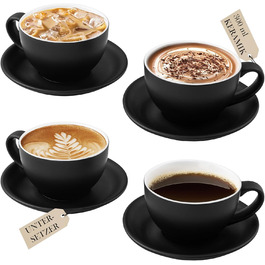 Набір кавових чашок Yundu Cappuccino 4 шт. по 300 мл – керамічні чашки з блюдцями, матова колірна гама, для латте-арту та бариста, великі мока чашки та блюдця (матова чорна)