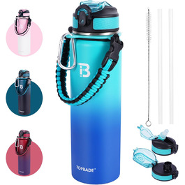 Stainless Steel Water Bottle 1900 ml (+2 Lids), 1.9 Liter Insulated Water Bottle with Straw, Leak-Proof Double-Walled Insulated Bottle with Chug Lid for School, Fitness, Outdoor (710 ml, Green Blue)