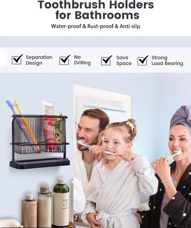 KONE Toothbrush Holder, Wall Mount, Bathroom, Hanging Electric Toothbrush Holder with 2 Removable Compartments, Drainage, Dry and Wet Separation for Bathroom, Kitchen, Family (White) (Black)