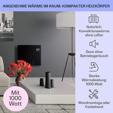 Klarstein Electric Heater, Convector Heater with Casters, Mobile Electric Heater Energy-Saving, Slim, Quiet Electric Heater, Standalone Electric Radiator with Thermostat, 2000 W Black Bornholm