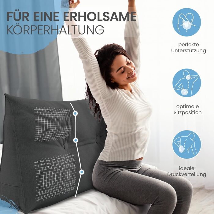 Підголовник для спини ELONEO 70 см, клиновидна подушка для ліжка та дивана, трикутна подушка для читання, знімний та пральний чохол, з практичною кишенею, антрацит, 70 см