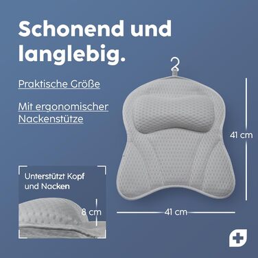 Vesta+ Grey Bath Pillow with Suction Cups - Tested Winner - Neck & Back Support - Non-Slip Bath Cushion for Bathtub & Shower