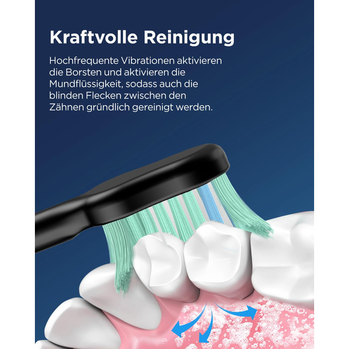 Електрична звукова зубна щітка для дорослих та дітей, 5 режимів чищення, 3 рівні інтенсивності, таймер, 8 насадок, чохол для подорожей, акумуляторна, чорний Obsidianschwarz