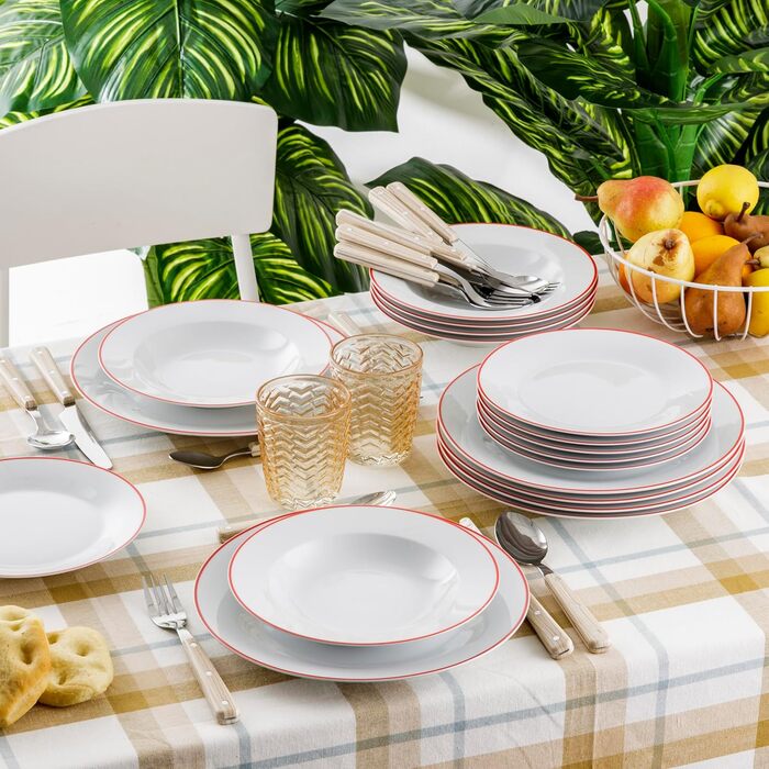 Набір посуду Baroni Home 18 предметів для 6 осіб: тарілки, супові тарілки, плоскі тарілки, тарілки для десерту/фруктів (Red Line, порцеляна)