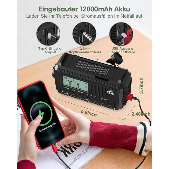 Радіоприймач Kurbelradio на 12000mAh з сонячною панеллю та ручкою, AM/FM/SW, з ліхтариком, USB-зарядкою, SOS-сигналом, для кемпінгу та надзвичайних ситуацій, зелений