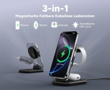 Зарядний пристрій MagSafe 3-в-1 для iPhone 17/16/15/14/13/12 Pro Max/Air/Plus/Pro та Apple Watch 10/9, AirPods 3/2/Pro, чорний