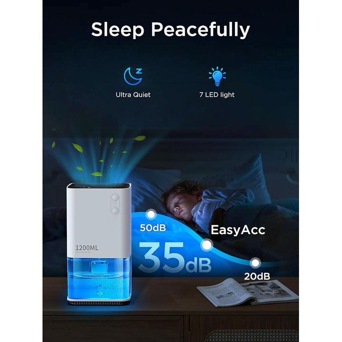 Electric Dehumidifier, EasyAcc® 1200ml Dehumidifier Small Quiet Portable Mini Room Dehumidifier Automatic Against Humidity Dehumidifier for Office/Bedroom/Bathroom with Colored Night Light