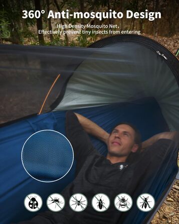 Гамак для кемпінгу 4-в-1 з москітною сіткою та знімним сонцезахистом, 290x140 см, для відпочинку на природі, пікніків, походів та подорожей, армійного кольору (106x55 см, блакитний)