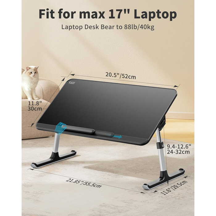 Столик для ноутбука SAIJI з регулюванням, PU-шкіра, 52x30 см, чорний